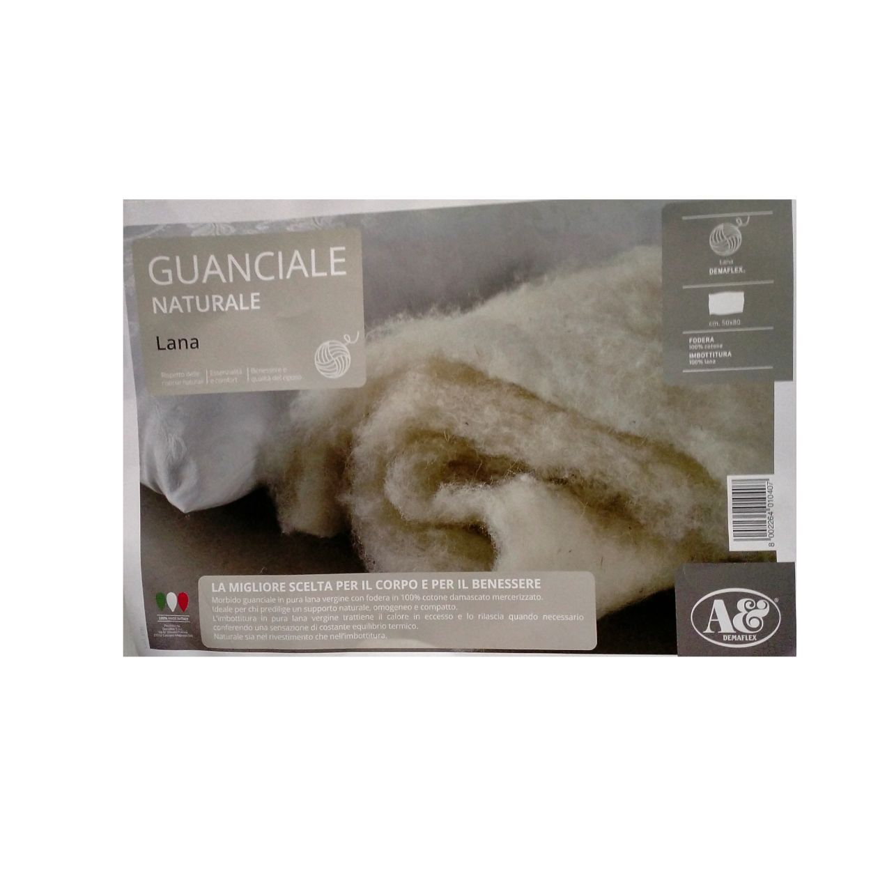 Guanciale Cuscino letto Naturale Lana 50x80 Fodera Cotone imbottitura pura lana