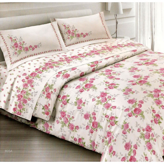 Completo Lenzuola Floreale Cloe 100% Cotone - Azzurro/Rosa - Made in Italy