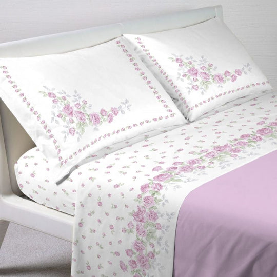 Completo Lenzuola Floreale Cloe 100% Cotone - Azzurro/Rosa - Made in Italy