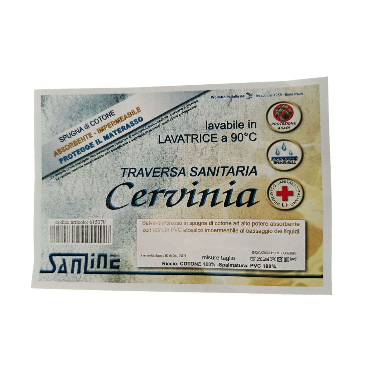 Traversa Sanitaria Cervinia Lavabile 90° - Cotone Assorbente e PVC Atossico-Made in Italy